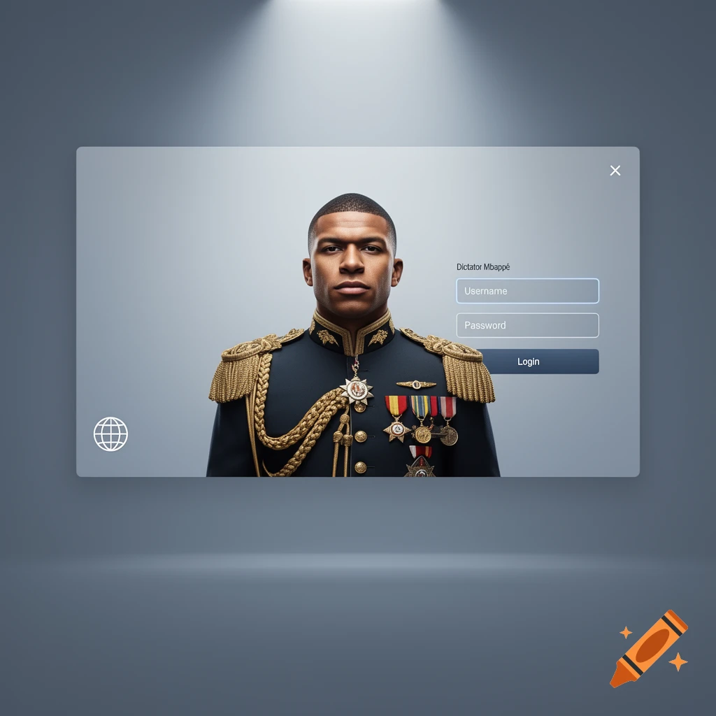 Photorealistic portrait of Kylian Mbapp dress in a dark blue military uniform, centered within a login page interface.