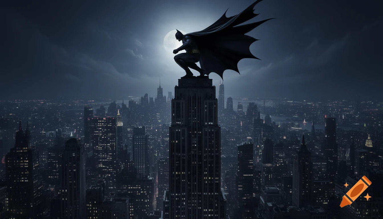 Batman crouches on a tall skyscraper, his cape dramatically flowing, against a full moon overlooking a sprawling city at night.