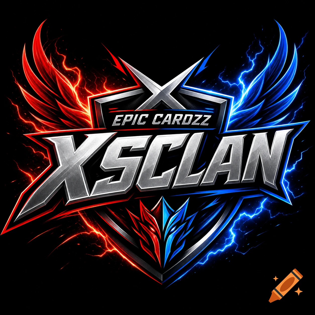 A stylized logo with 'EPIC CARDZZ' and 'XSCLAN' in metallic, angular fonts. Red fiery and blue lightning wings flank a shield.