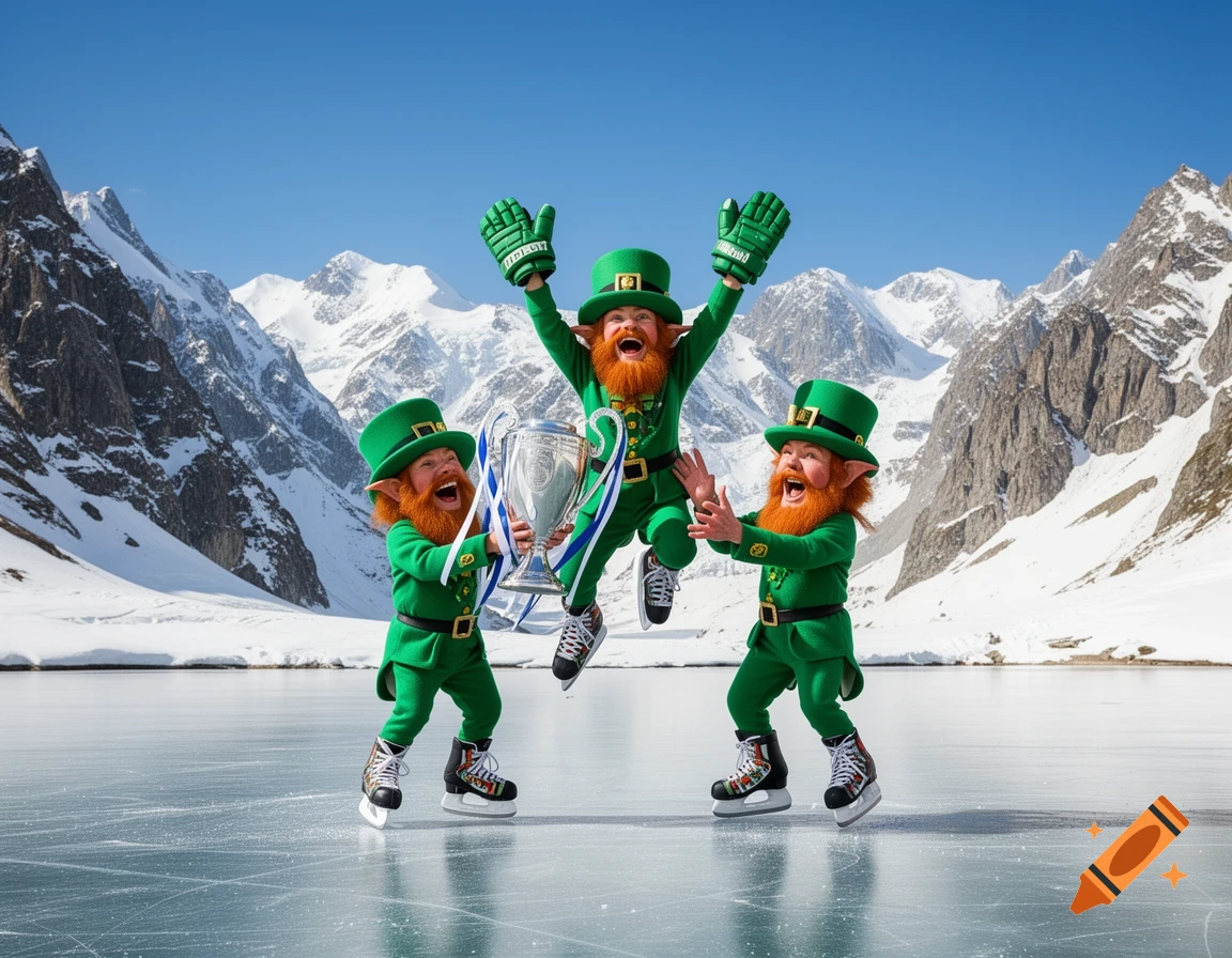 Three joyful leprechauns in green outfits ice skate on a frozen lake in the Alps, celebrating with a silver trophy and green hockey gloves.