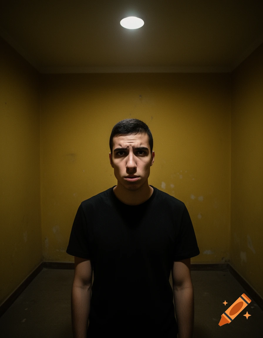 A young man with a distorted, unsettling face stares forward in a dark, empty yellow room under a single overhead light.