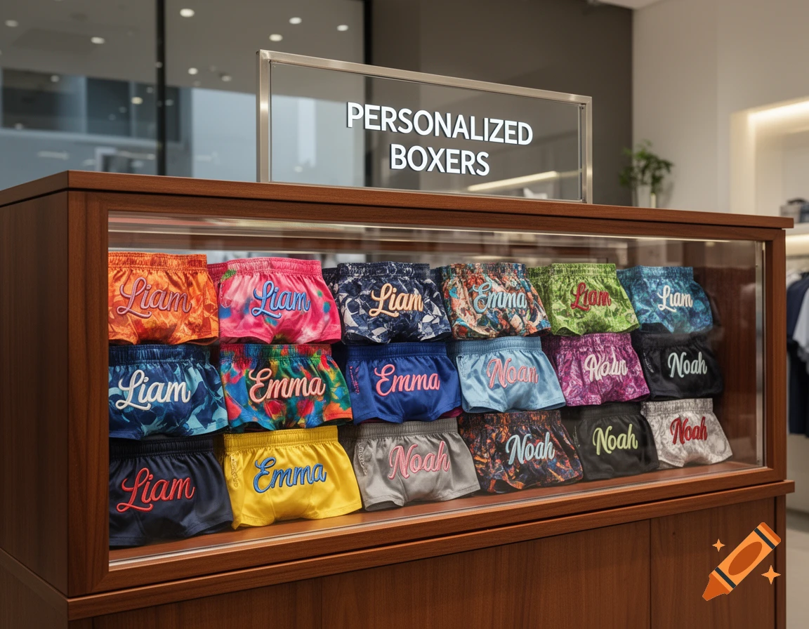 A store display case filled with colorful personalized boxers, each embroidered with names like Liam, Emma, and Noah.