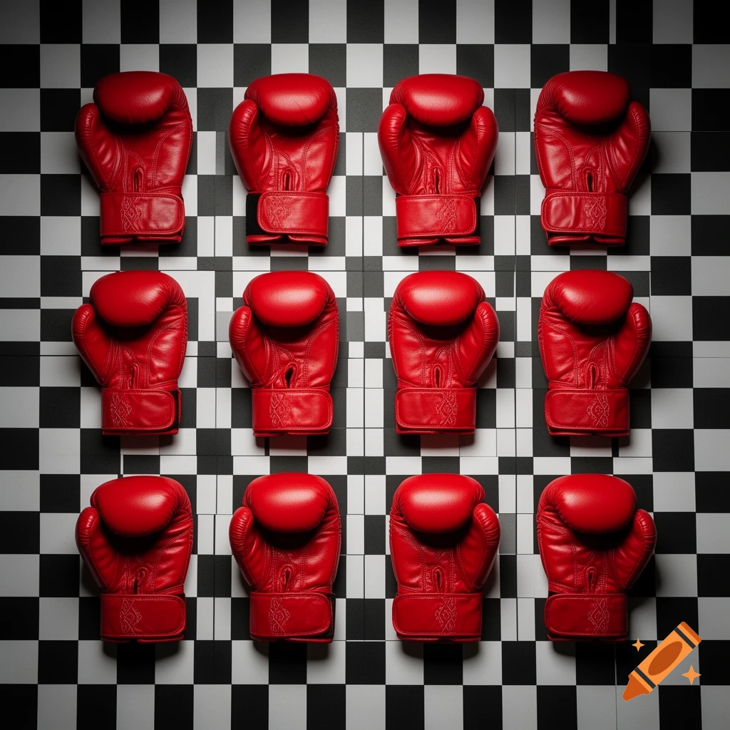Twelve red boxing gloves are neatly arranged in rows on a black and white checkerboard grid.