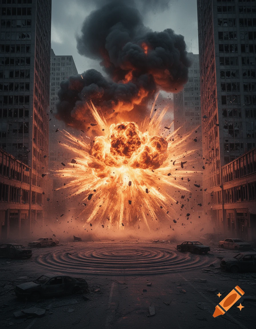 A massive explosion erupts in a destroyed city street between two tall buildings, sending debris flying under a dark, smoky sky.