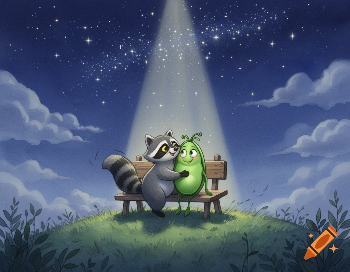 A cute cartoon raccoon and a pea character embrace on a wooden bench atop a grassy hill under a starry night sky, illuminated by a bright light beam.