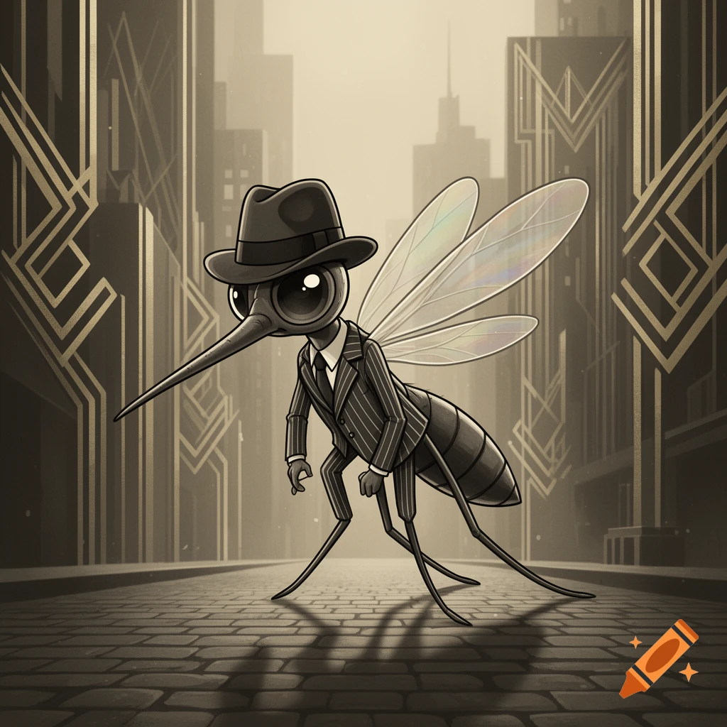 A cartoon mosquito in a pinstripe suit and fedora hat stands on a brick street in a sepia-toned Art Deco city.