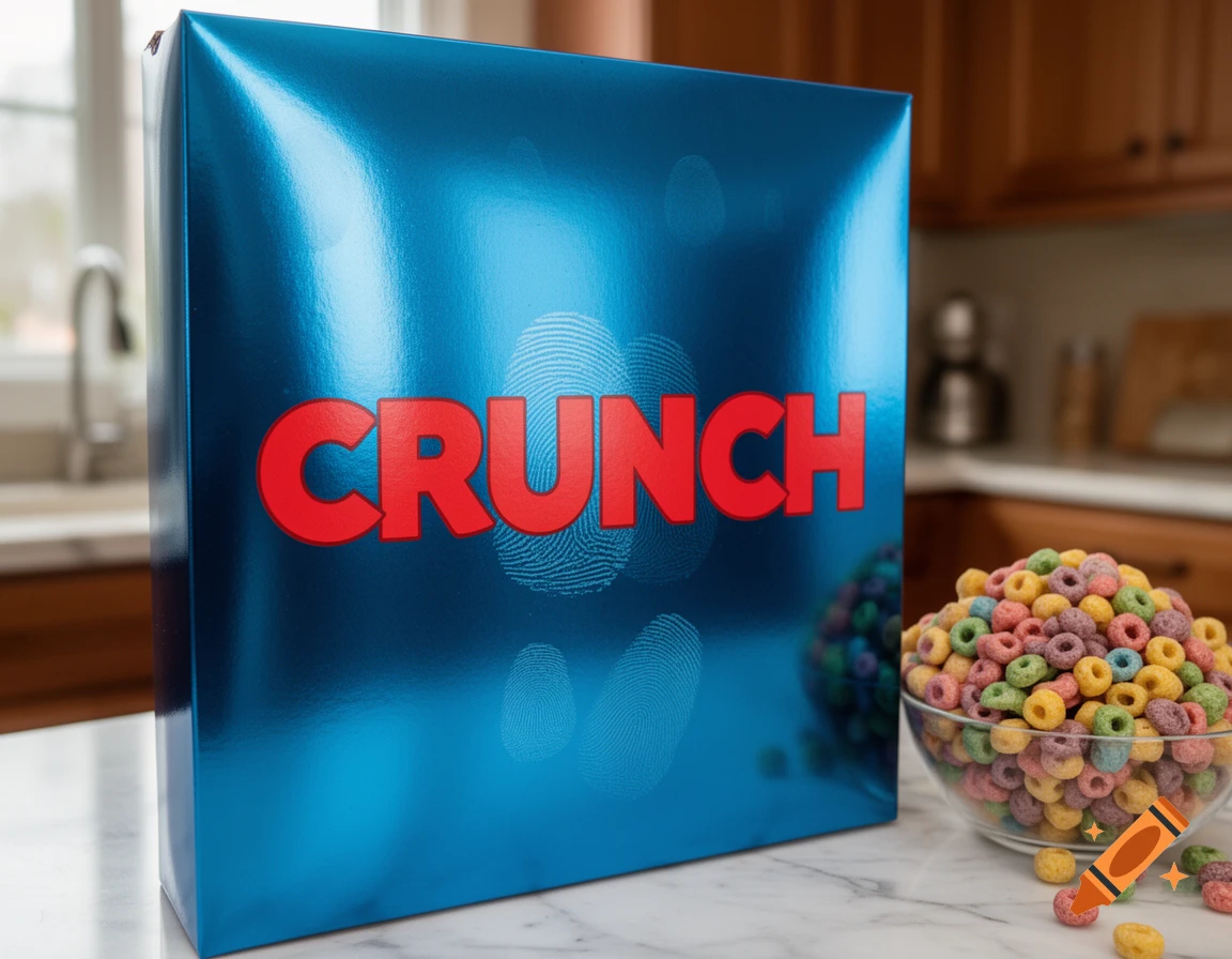 A metallic blue box with "CRUNCH" in red text stands next to a clear bowl of colorful cereal loops.