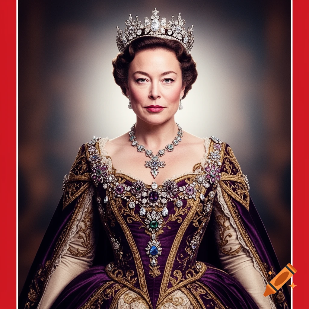 A formal portrait of Elon Musk depicted as a queen, wearing a diamond crown and an ornate purple and gold gown adorned with jewels.