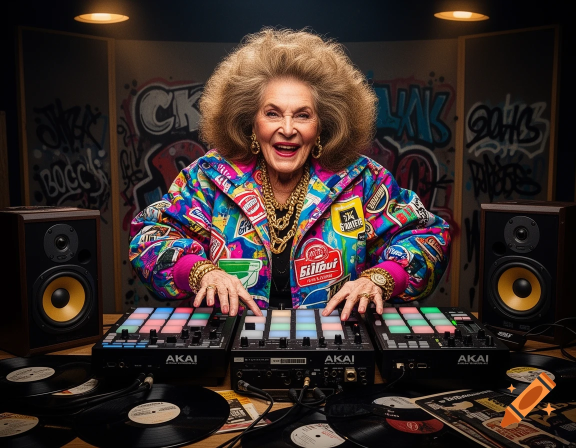 A smiling elderly woman with large curly hair, wearing a colorful 90s-style bomber jacket and gold chains, operates two Akai MPC machines like a DJ in a graffiti-filled studio.