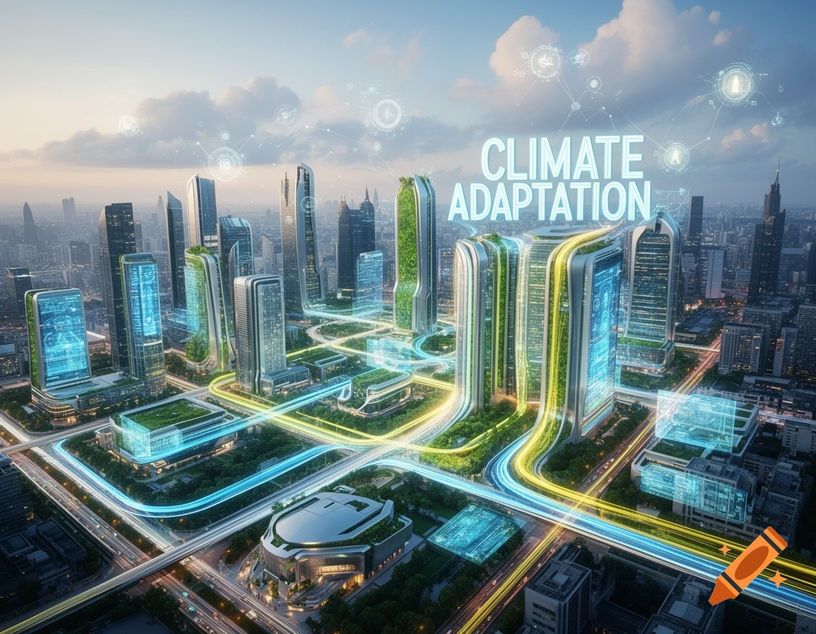An aerial view of a futuristic city featuring green skyscrapers, glowing digital networks, and 'CLIMATE ADAPTATION' text.