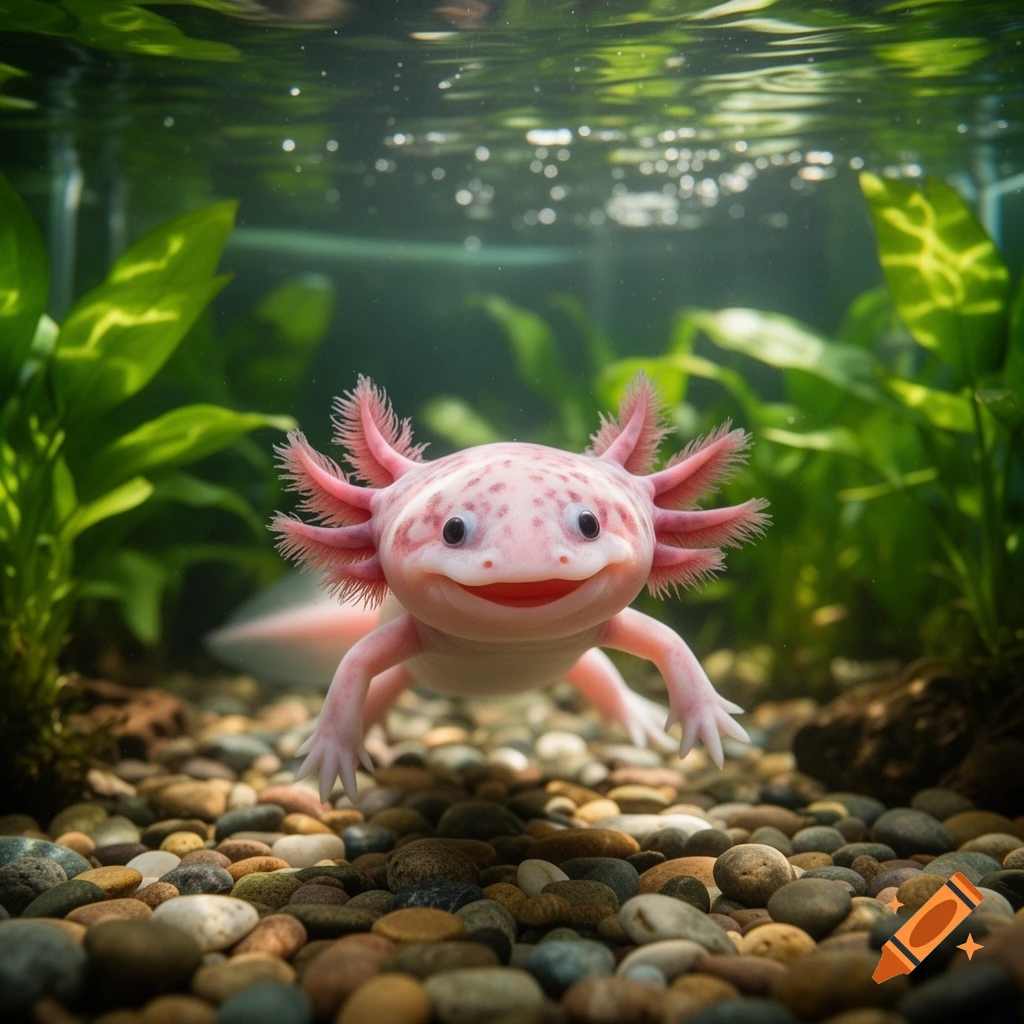 A happy, smiling pink axolotl with feathery gills floats above river rocks in a bright aquarium with green plants.
