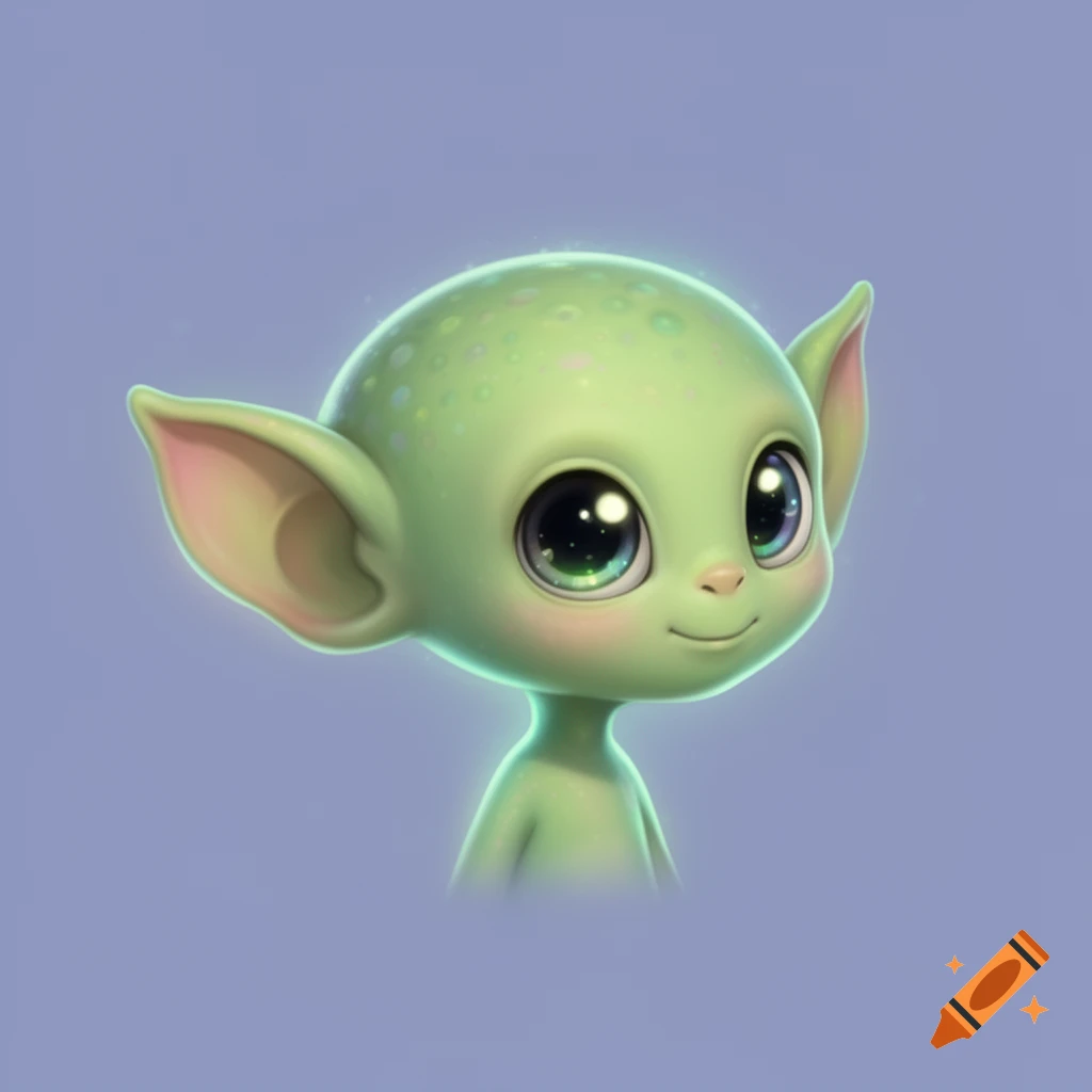A cute, cartoonish green alien with large, expressive dark eyes, big ears, and a small smile, against a light purple background.