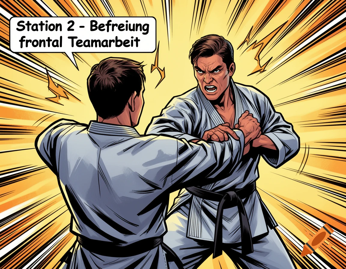 Comic-style illustration of two martial artists in grey uniforms, one gripping the other's arm. A speech bubble reads 'Station 2 - Befreiung frontal Teamarbeit'.