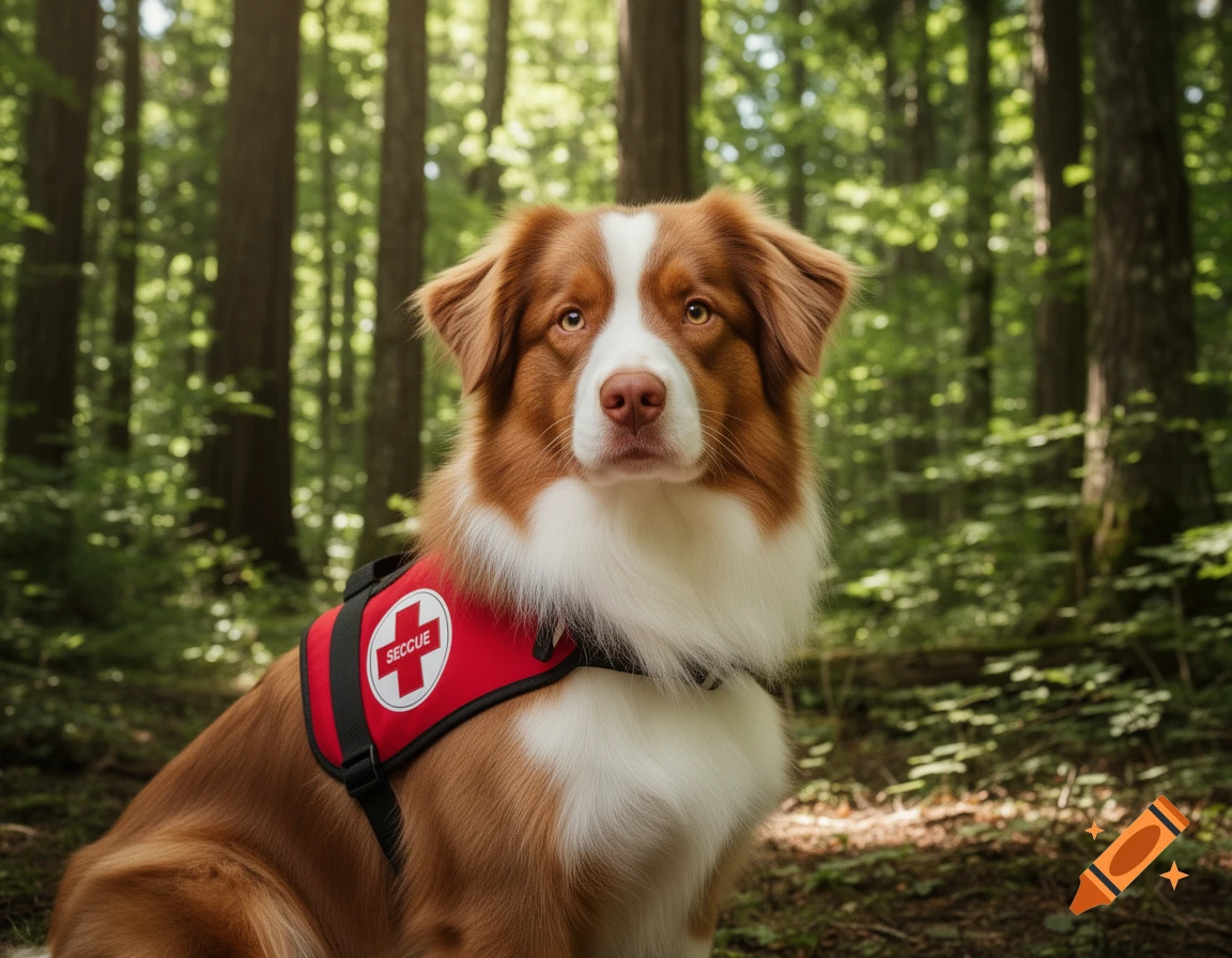 An Australian Shepherd dog with brown and white fur wearing a red vest with a white cross, sitting in a sun-dappled forest.