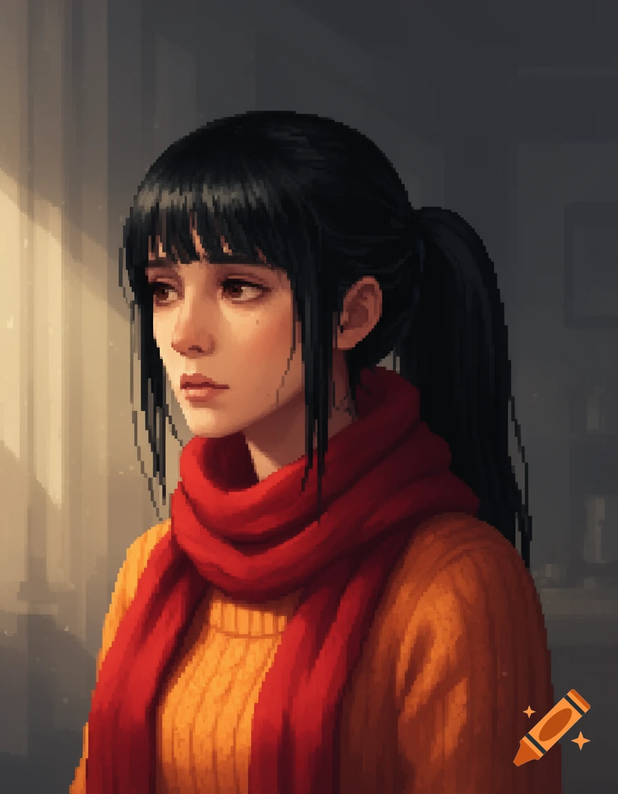 Pixel art portrait of a melancholic woman with black hair in a ponytail, wearing an orange sweater and a red scarf.