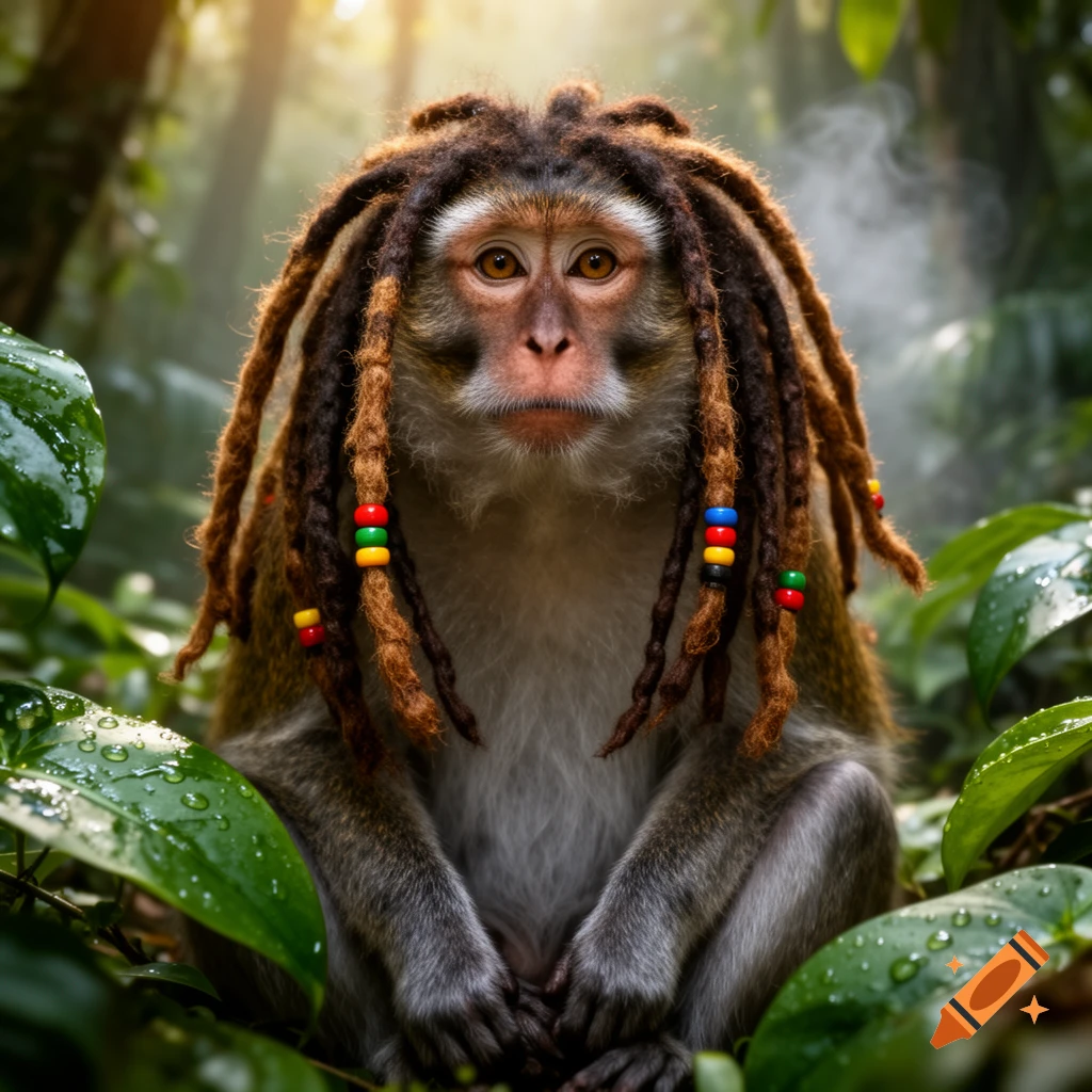 Photorealistic monkey with dreadlocks and colorful beads sitting in a lush green jungle.