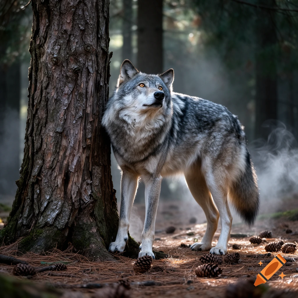 A majestic grey wolf stands leaning against a tree in a sun-dappled forest, looking upwards.