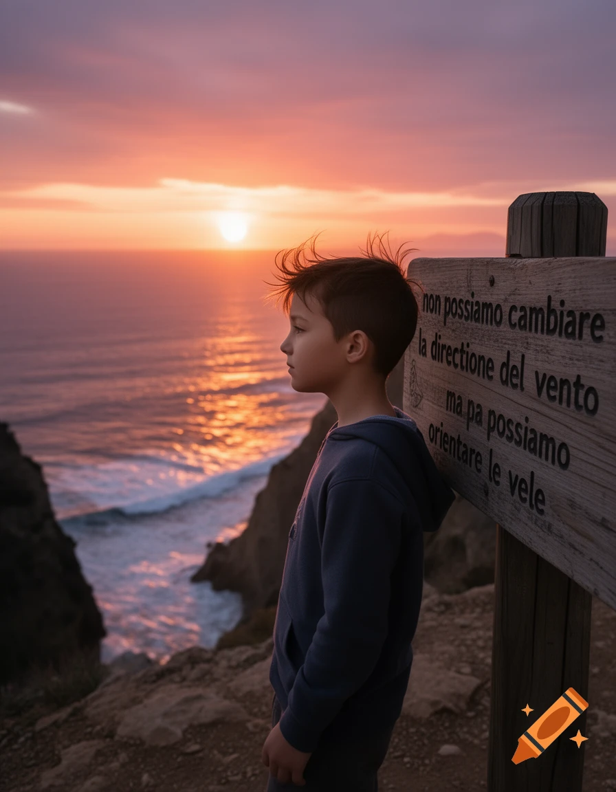 A boy in a hoodie looking out at a vibrant orange and pink sunset over the ocean, with a wooden sign on a cliffside.