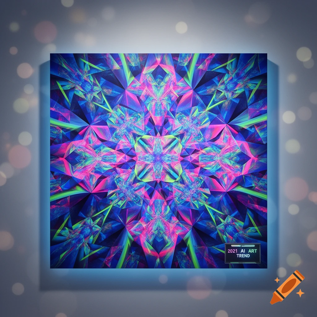 A square, vibrant, abstract geometric pattern in neon pink, blue, and green, with '2021 AI ART TREND' text, against a bokeh background.