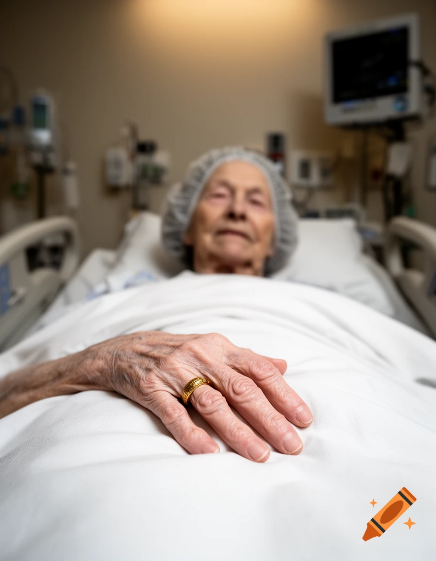 Close-up of an elderly woman's hand wearing a golden ring, resting on a white hospital bed sheet, with her blurred face in the background.