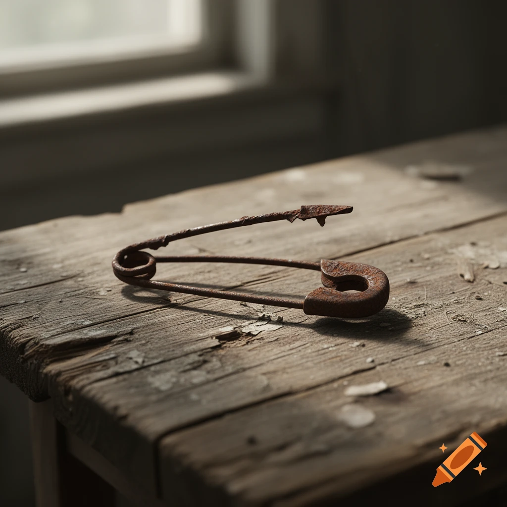 A close-up, photorealistic shot of a rusty, open safety pin lying on an old wooden table.