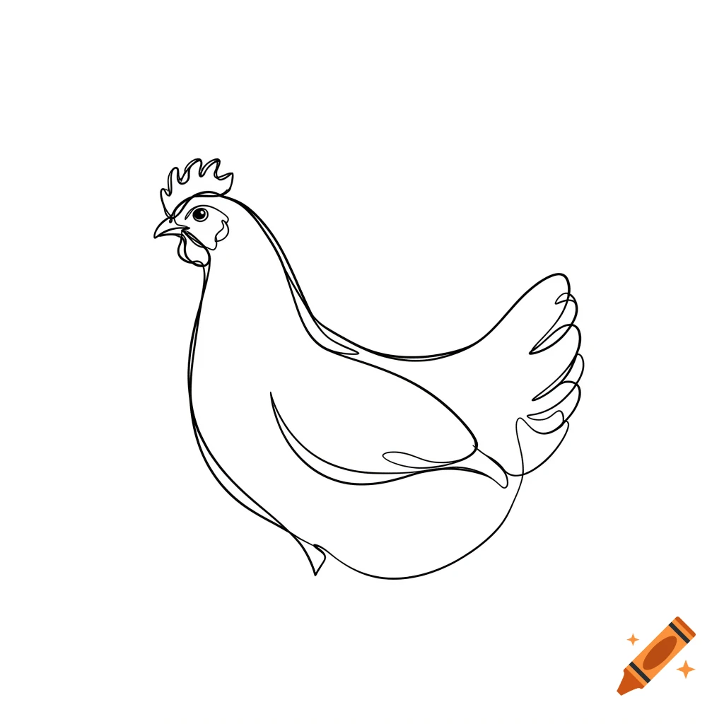 A simple black and white one-line drawing of a chicken facing left.