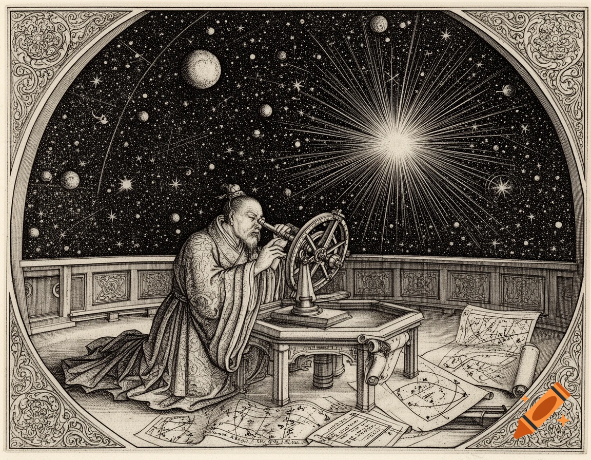 A Chinese astronomer observes the Supernova 1054 through a telescope under a starry sky, with maps on the floor, in a black and white medieval engraving style.