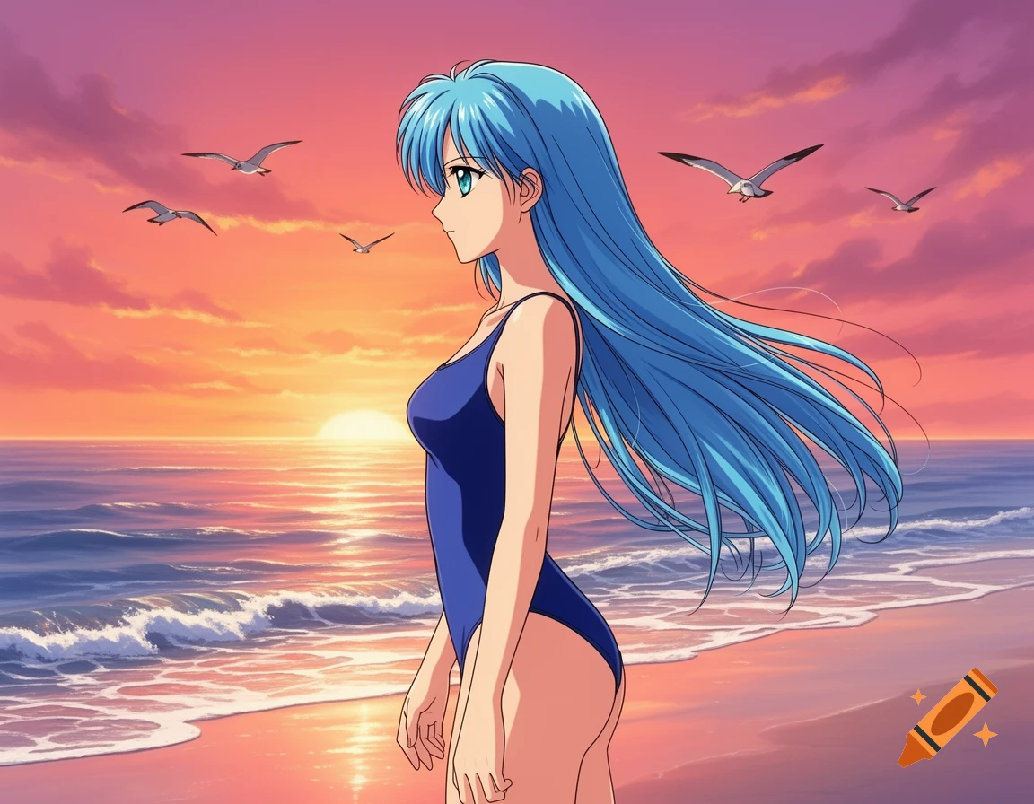 Anime girl with long blue hair in a navy swimsuit stands on a beach, looking at the vibrant orange and pink sunset over the ocean with seagulls flying.