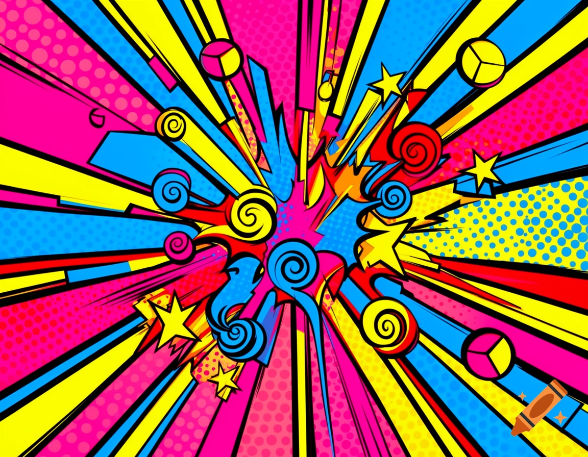 A vibrant pop art background with radiating pink, yellow, blue, and red lines, halftone dots, stars, and explosion-like bursts.