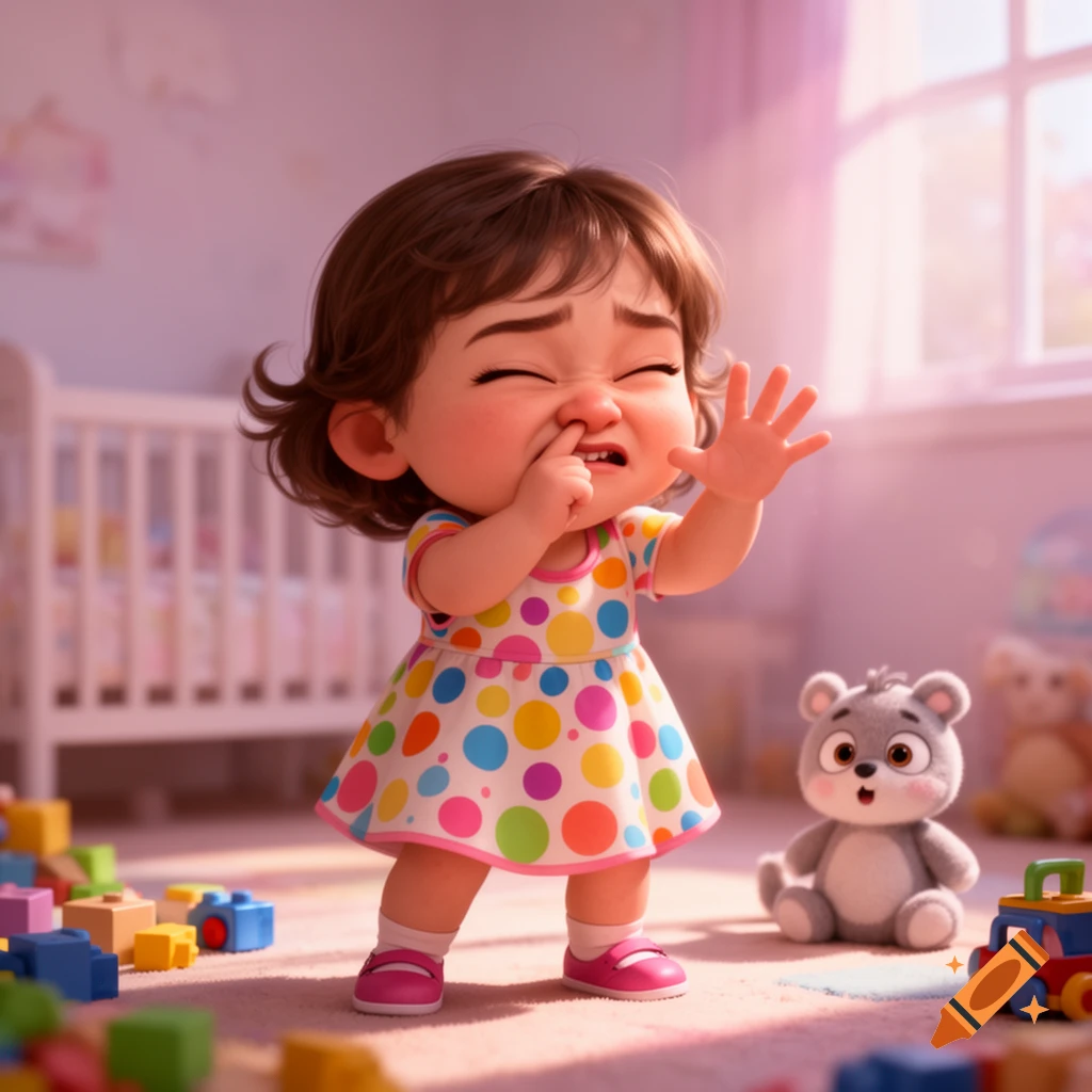 Cartoon toddler girl in a polka dot dress pinching her nose with a disgusted expression in a bright playroom.
