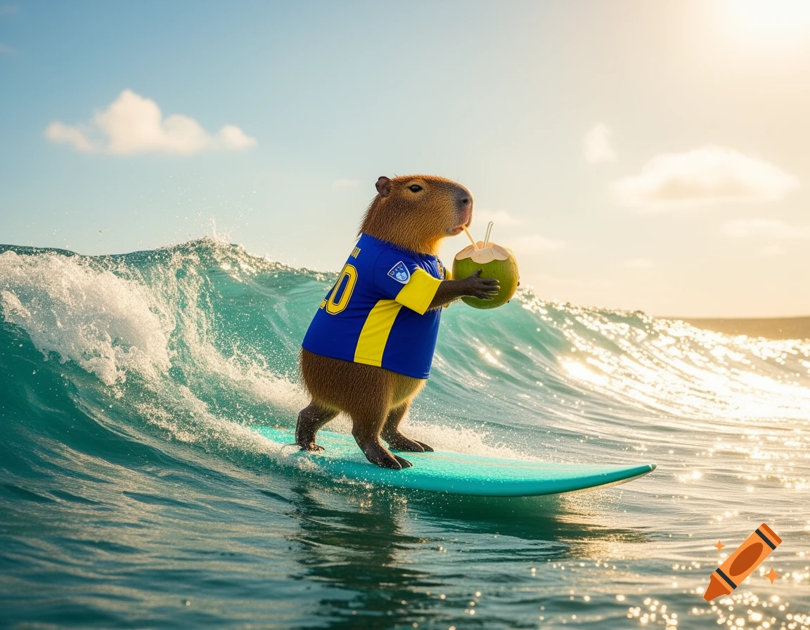 A cute capybara in a blue and yellow jersey with number 20 surfs on a turquoise board in ocean waves, drinking from a coconut on a sunny day.
