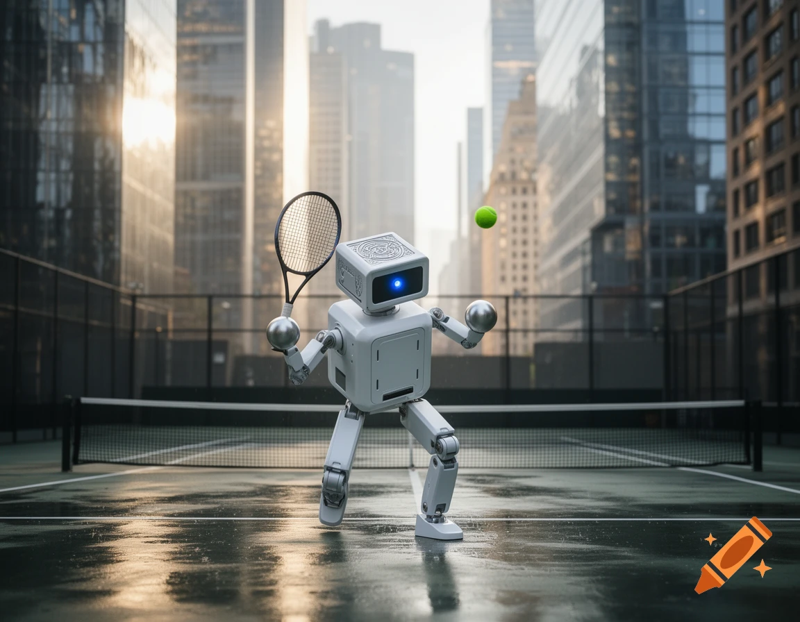 A photorealistic image of a white robot with a square head and spherical hands playing tennis on a wet rooftop court, surrounded by modern city buildings.
