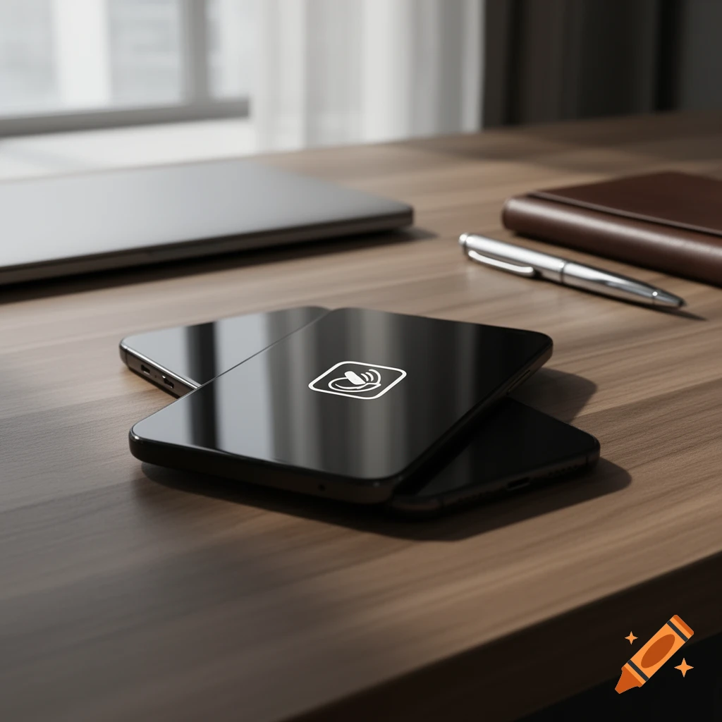 A smartphone with a voicemail icon on its screen, a laptop, and a pen rest on a wooden desk near a window.