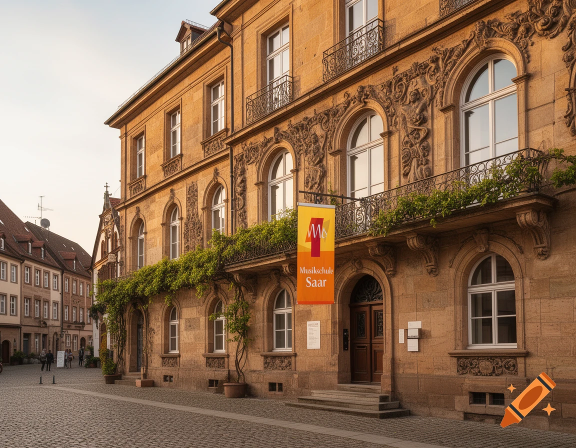 A historic stone building with arched windows, ornate carvings, and a banner reading "Musikschule Saar" on a cobblestone street.