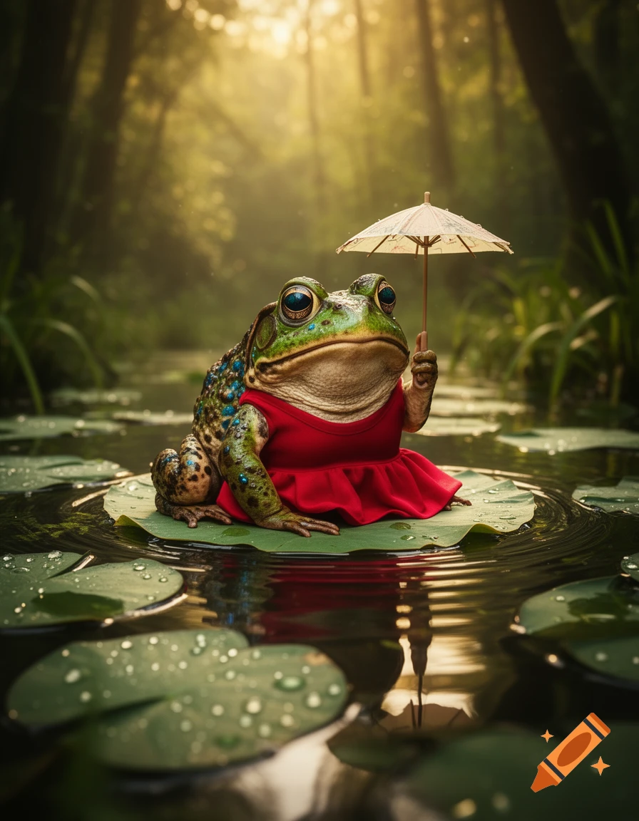 Photorealistic frog in a red dress holding a tiny umbrella, sitting on a lily pad in a sunlit forest pond.