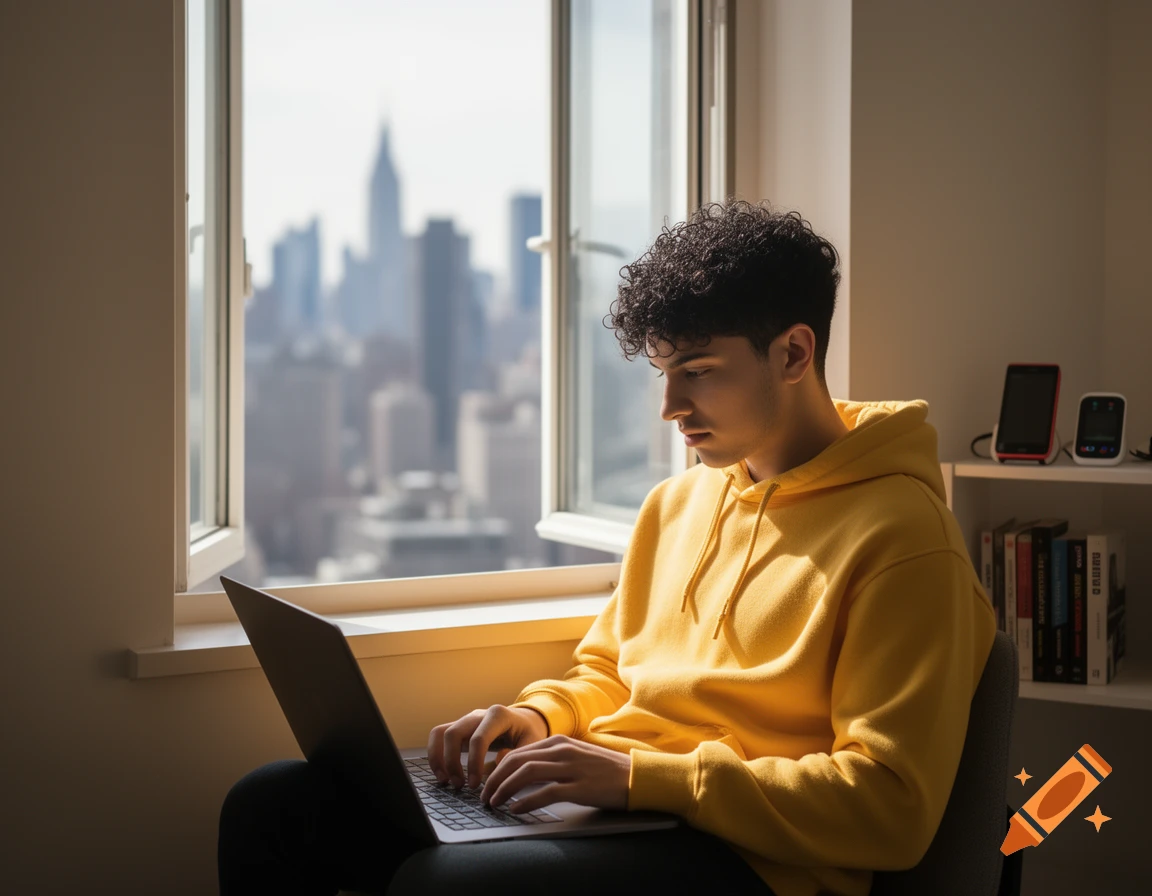 A young man in a yellow hoodie works on a laptop by a window overlooking a city skyline.
