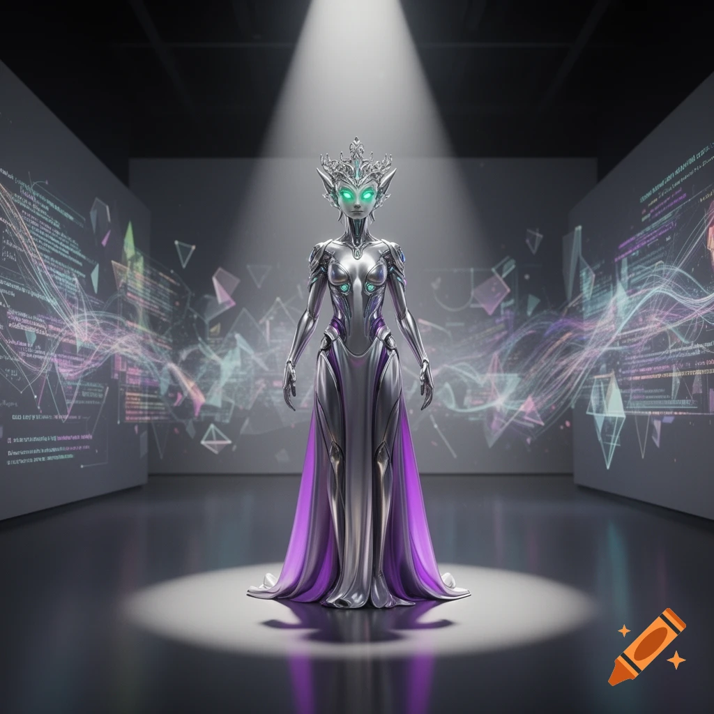 A metallic, futuristic female robot in a silver and purple gown with glowing green eyes stands under a spotlight in a room with screens displaying data.