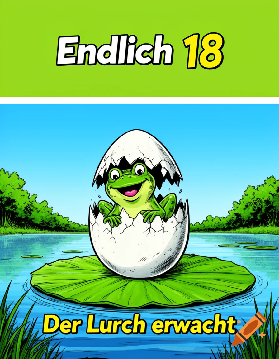 A humorous cartoon image of a frog hatching from a cracked egg on a lily pad in a lake, with German text for 'Finally 18' and 'The Newt awakens'.