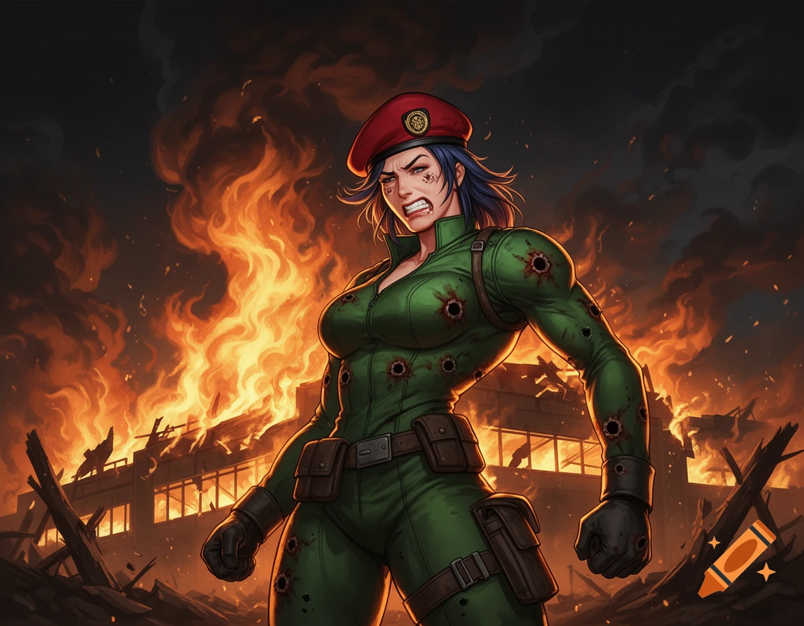 A comic book style image of a female soldier wincing in pain from bullet wounds, standing in front of a burning military base.