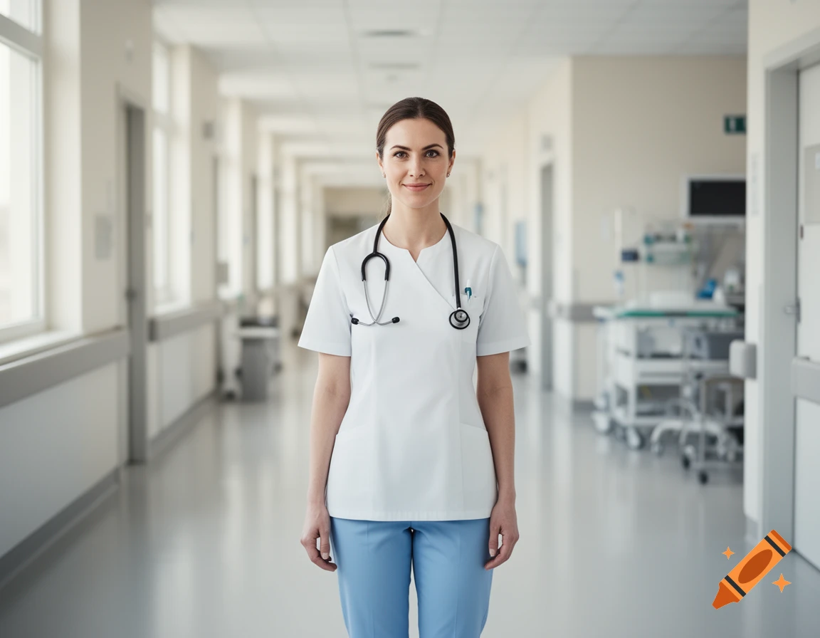 A smiling female nurse with a stethoscope stands in a bright hospital hallway, looking at the camera. Photorealistic.