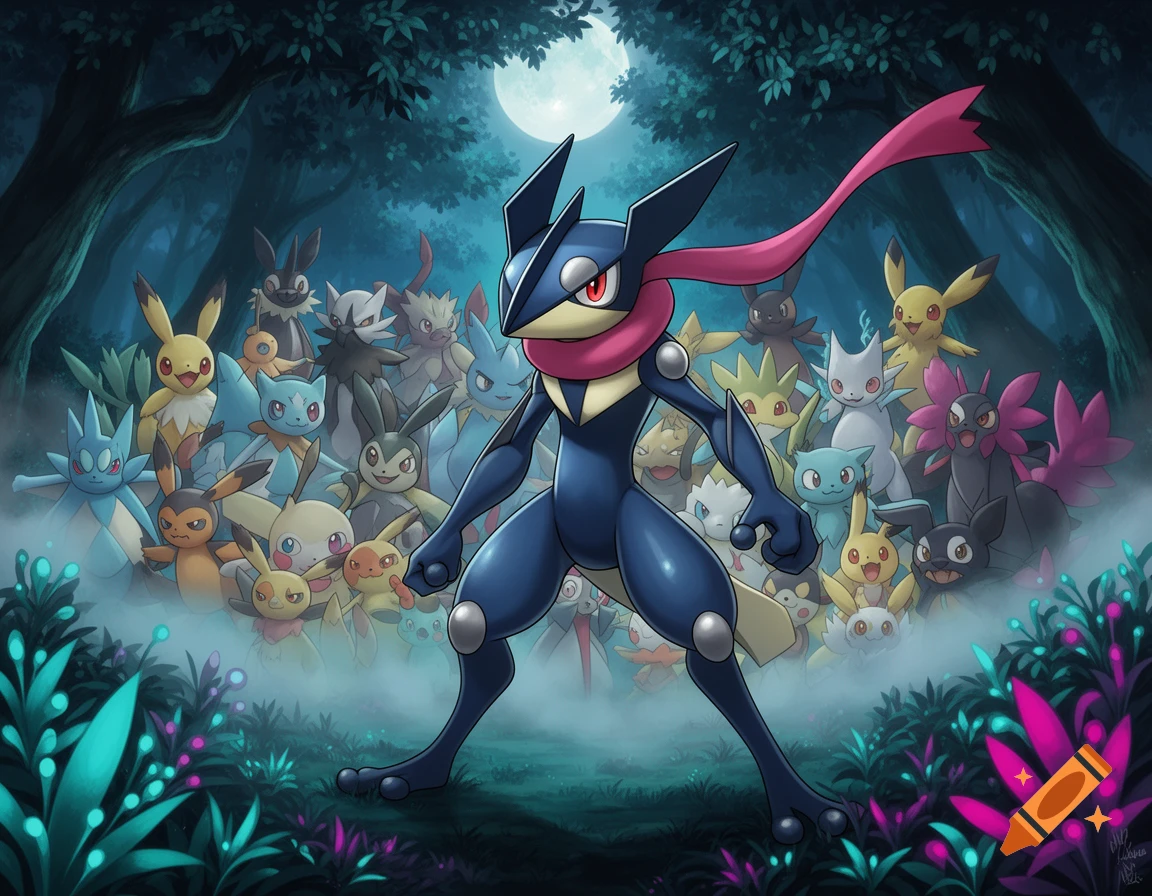 Greninja stands prominently in a foggy, moonlit forest, with many other Pokémon in the background, in an animated illustration.