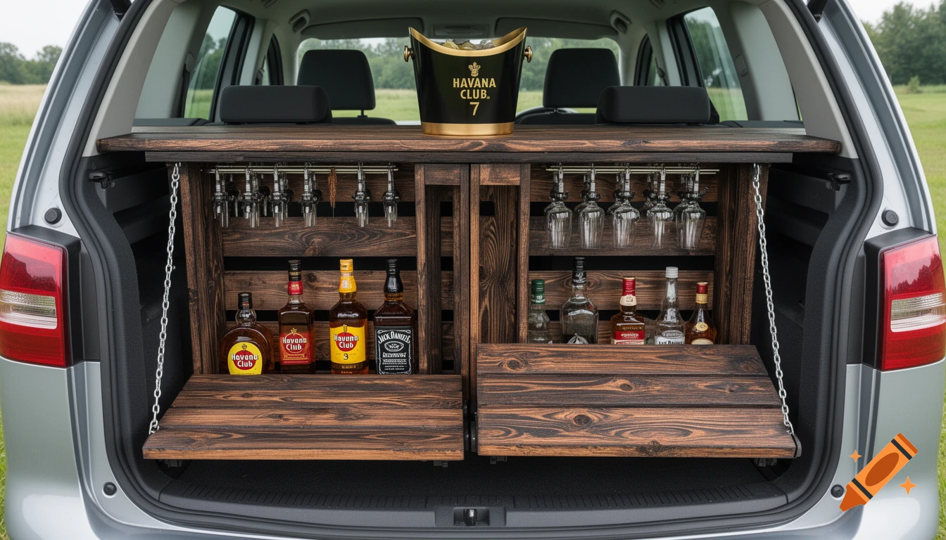A custom-built wooden mobile mini-bar with liquor bottles and glasses, installed in the trunk of a silver Volkswagen Touran.