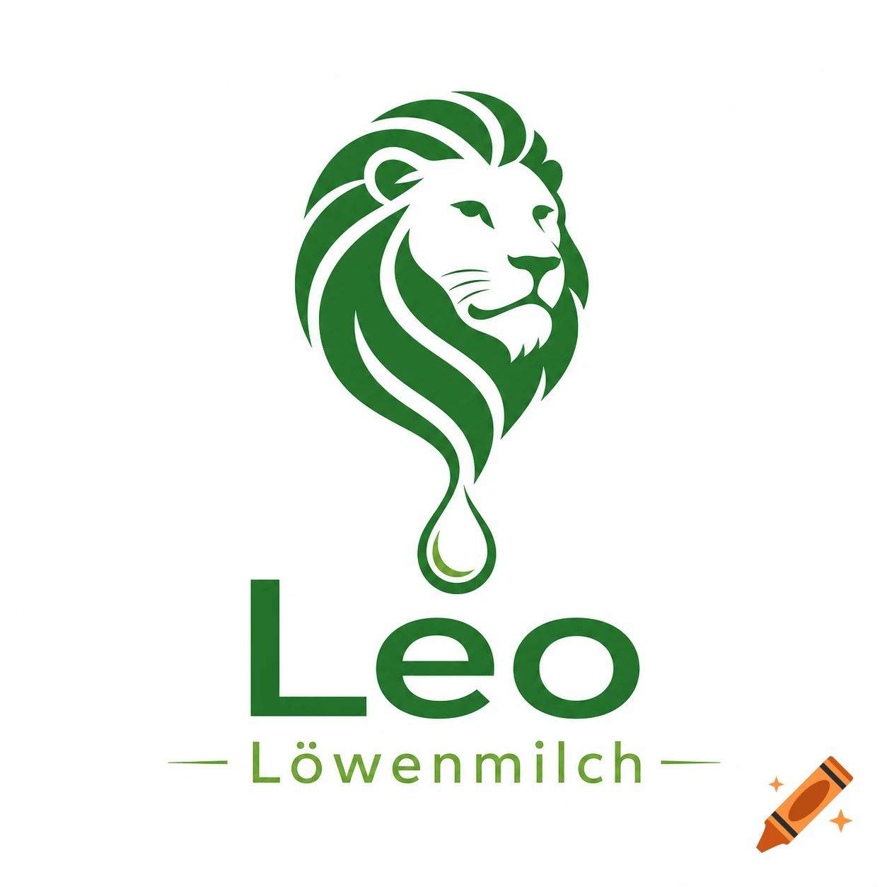 A minimalist green logo featuring a lion's head with its mane elegantly forming a milk drop, above the text "Léo Löwenmilch".