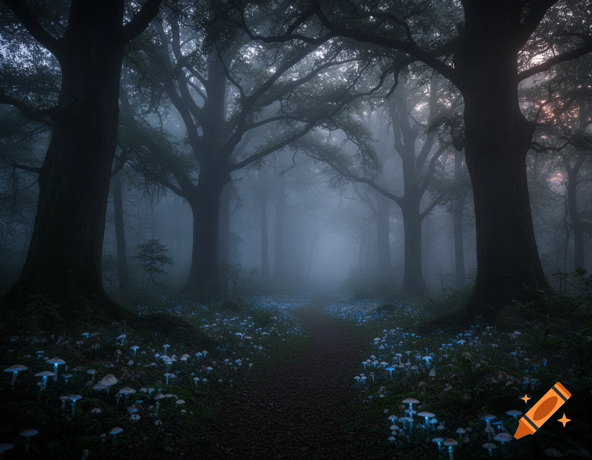 A dark, mysterious forest path shrouded in fog, with towering trees and luminous blue mushrooms glowing on the forest floor, photorealistic.