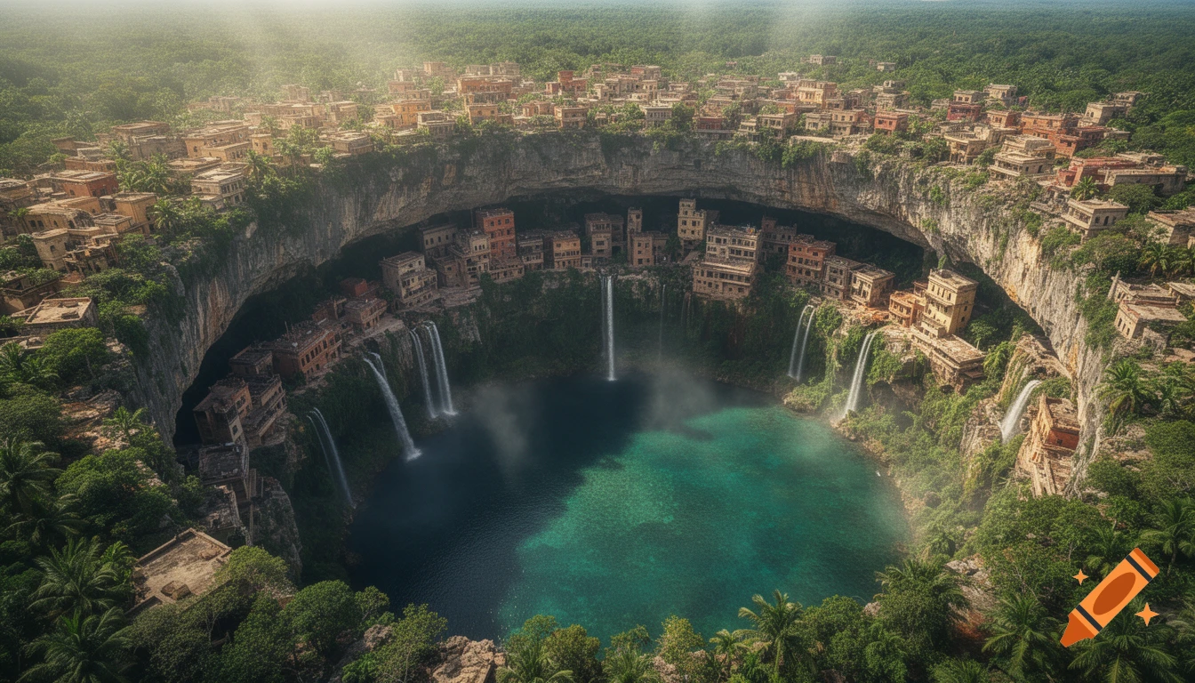 Aerial view of a fantastical city built into the walls of a deep cenote, with waterfalls and a blue-green lake, surrounded by lush jungle.
