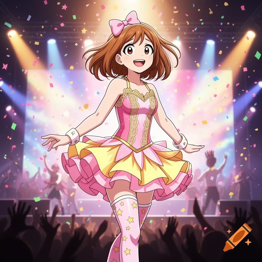 Ochaco Uraraka from My Hero Academia in a pink and yellow idol costume performs on a brightly lit concert stage with falling confetti in anime style.