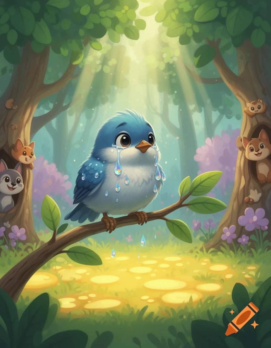 A cute blue cartoon bird with large tears crying on a tree branch in a bright, sunny forest with other small animals.