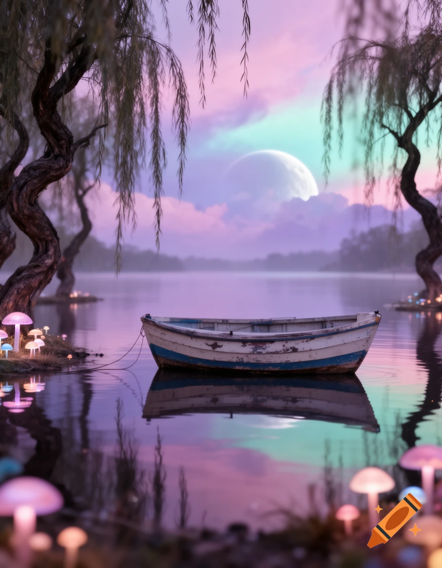 A small boat floats on a tranquil lake surrounded by weeping willows and glowing mushrooms under a large moon and pastel purple sky.