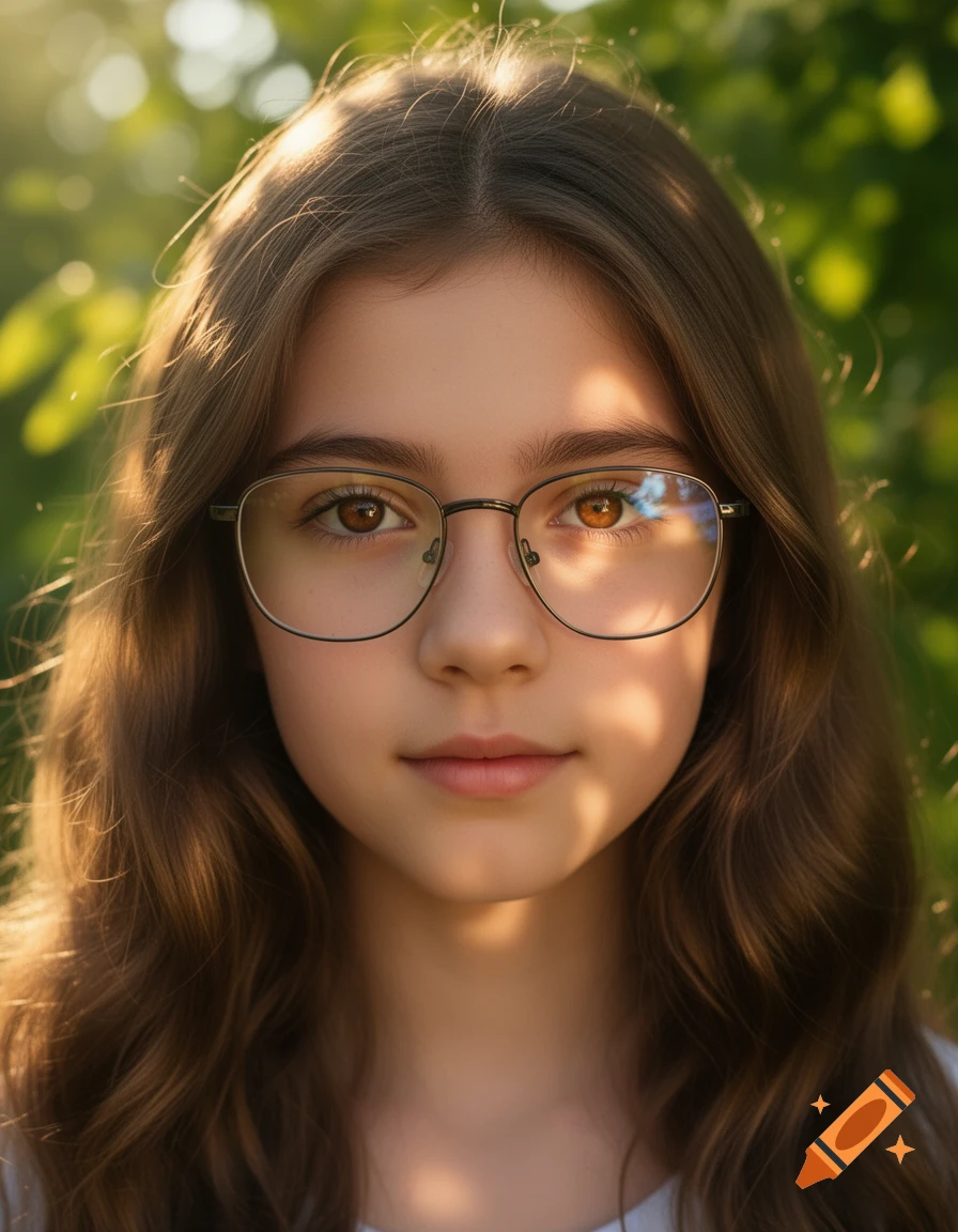 Close-up photorealistic portrait of a young girl with long brown hair and glasses, looking forward with sunlight dappling her face against a blurred green background.