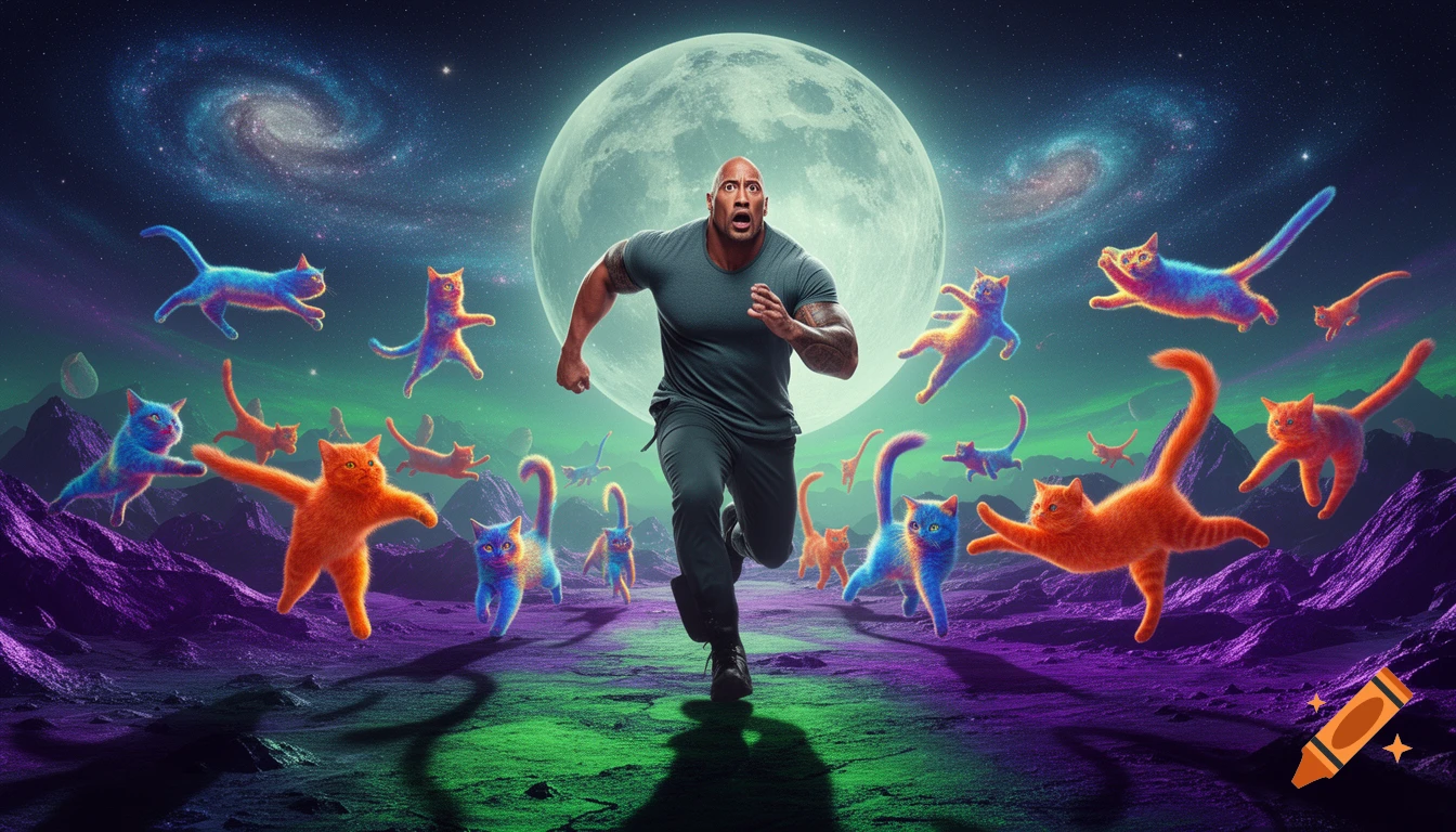 Dwayne 'The Rock' Johnson runs scared across a vibrant alien landscape under a huge moon, chased by numerous glowing, colorful cats.